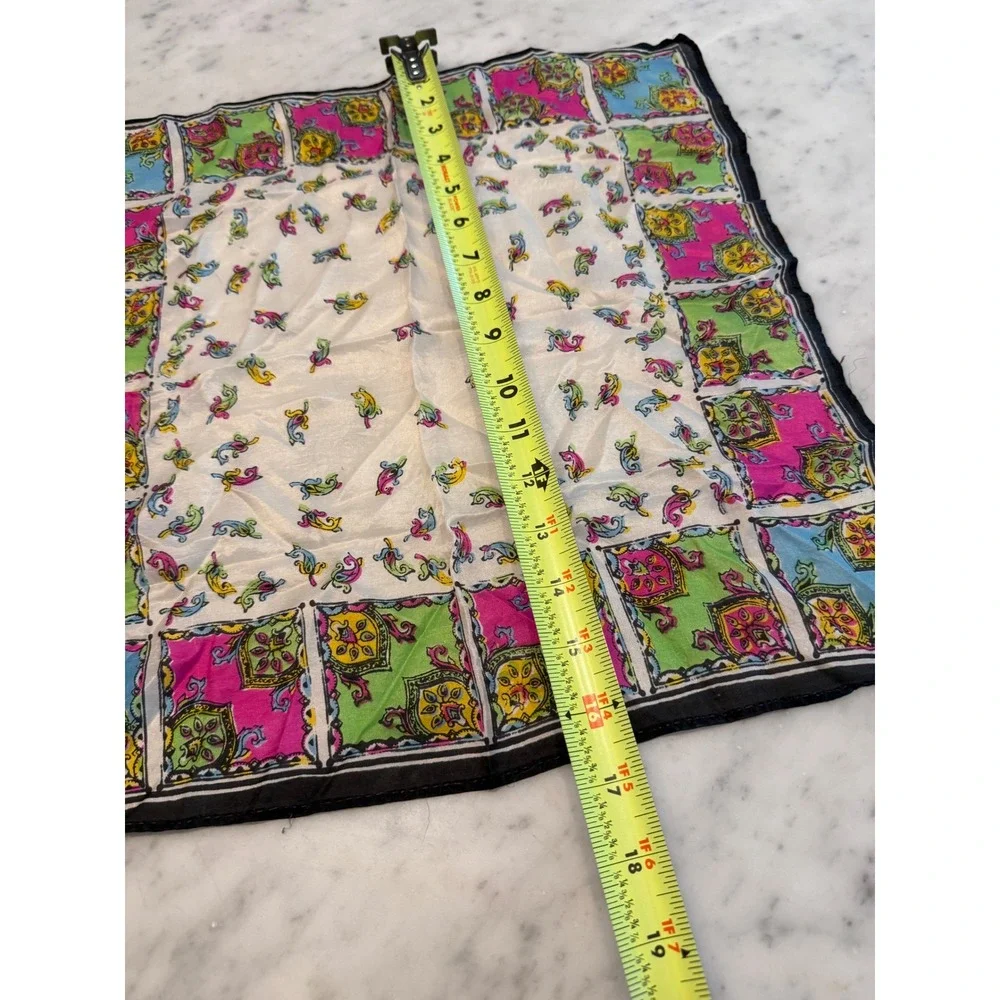 Vintage Paisley Geometric Silk Scarf Pocket Square Multicolor Retro Boho 17x16
